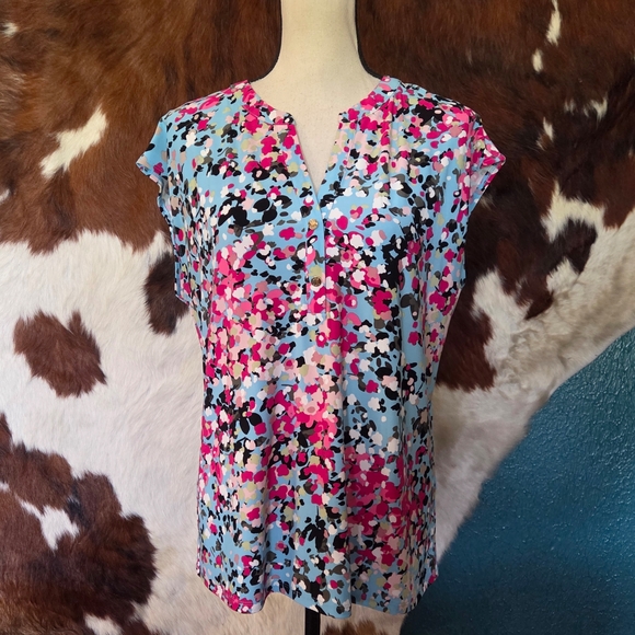 Anne Klein Blue Ruffled Cap Sleeve Blouse - Picture 1 of 7